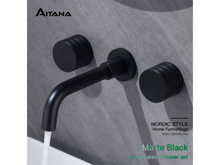 Robinet de lavabo mural noir de luxe, design encastré, double poignée, 3 trous, double commande eau chaude et froide, en laiton