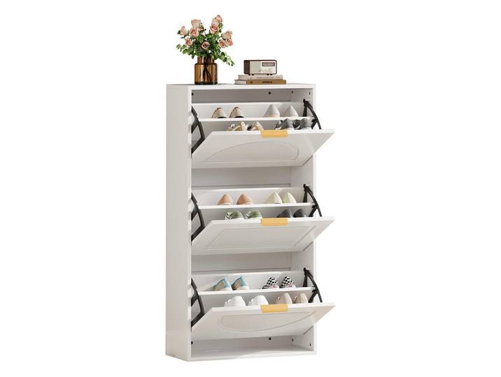 Flieks Schuhschrank Schmal 3 Klappen Weiß 60x24x114cm, 60x114x24 cm, Garderobe, Schuhaufbewahrung, Schuhkipper