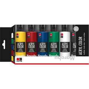Marabu Acrylfarben Basic Acryl 1201000080, 6 Farben je 80ml, in Kunststoffflaschen