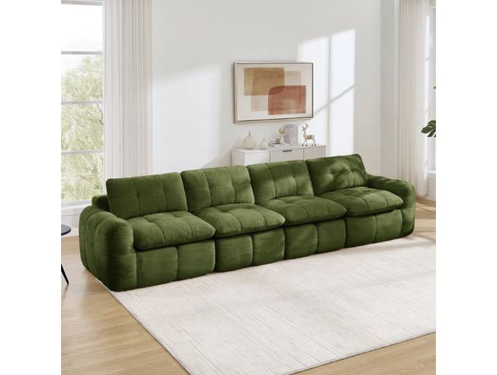 Canapé modulable 4 places AESVAR en chenille verte sans montage mousse haute densité droit compressé
