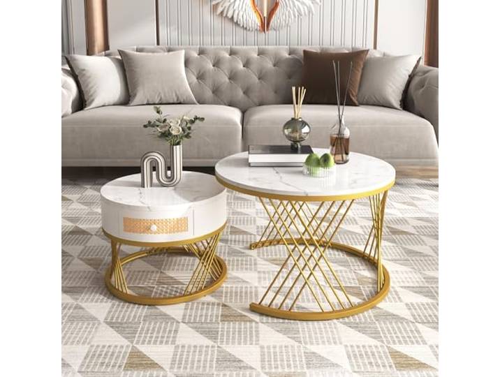 Merax 2 in 1 Runder Couchtisch Beistelltisch mit Tischplatte aus Marmor und Schubladen aus Kunststoff-Rattan couchtisch rund 2er Set
