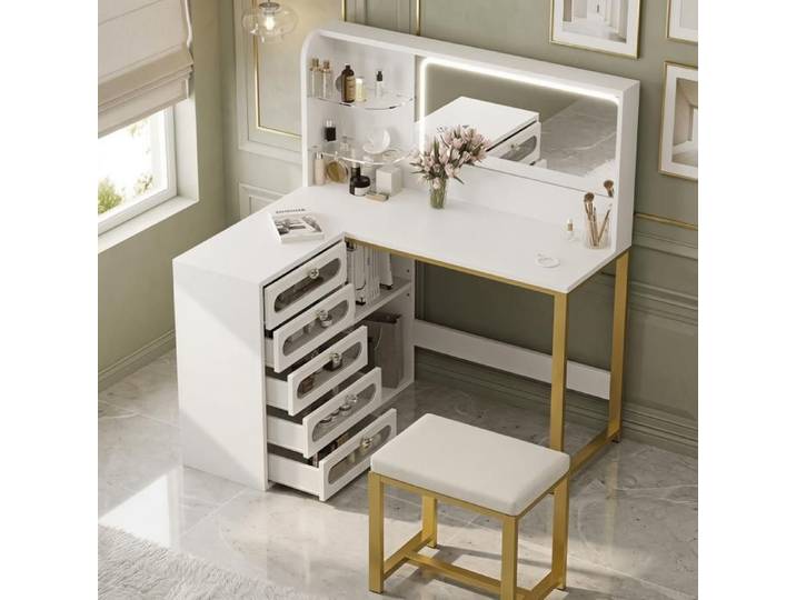 Coiffeuse avec miroir et LED 1 tabouret rembourré Eclairage réglable Coiffeuse d'angle en L avec 5 tiroirs et 2 etagères Blanc