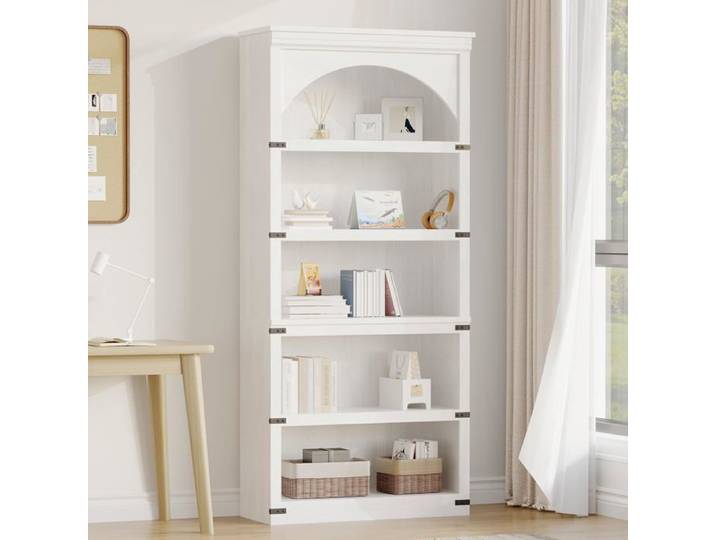 KOIOPLIE Bibliothèque style farmhouse/industriel avec arche 5 niveaux étagère ouverte bois & métal 170 cm Blanc