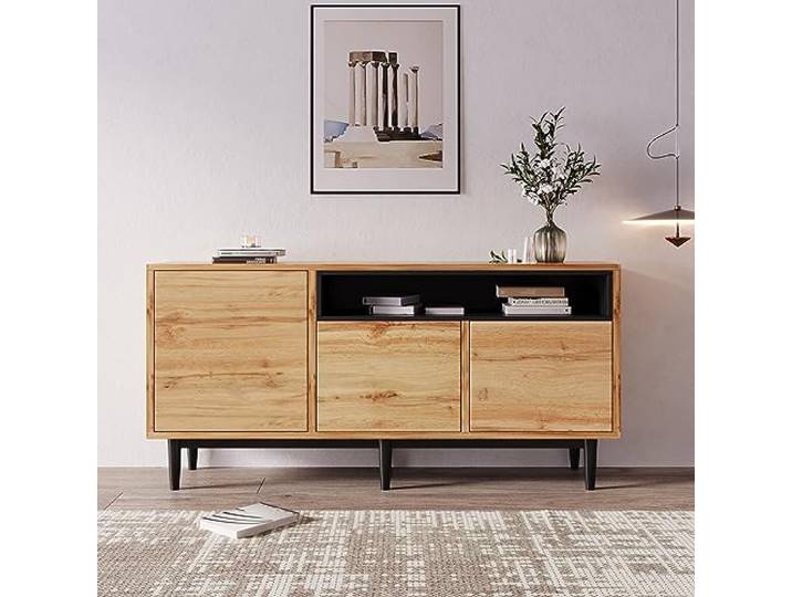 FurnitureR Stylischer Wohnzimmerschrank aus Holz mit Schwarzem Element, Langlebiger Metallrahmen, Modernes Design für Minimalistischen Wohnstil, Platzsparend