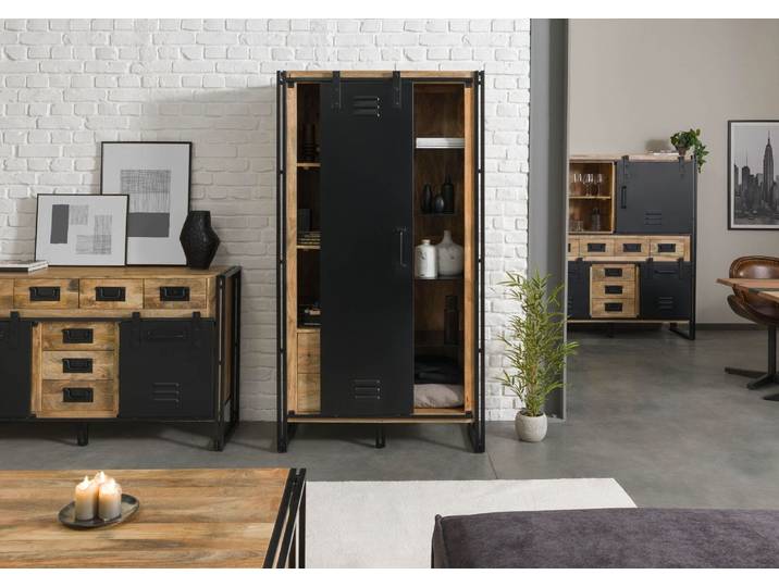 Wohnzimmerschrank Mango 105x45x195 natur klar lackiert / Metall schwarz BLACKBURN #104