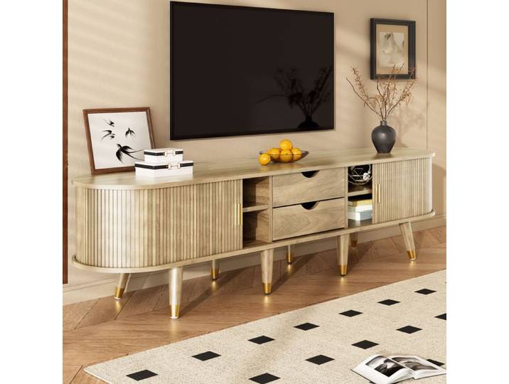 Meuble TV avec portes coulissantes deux portes et deux tiroirs support TV meuble TV bas design unique finition bois clair