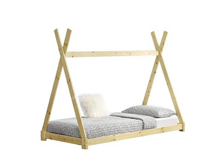 [en.casa] Kinderbett Onejda in Tipi-Design Bodenbett Jugendbett aus Kiefernholz Natur Holz 90 x 200 cm