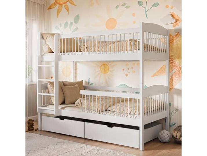 Kids Collective Hochbett Kinder, Etagenbett, Kinderbett Massives Kiefernholz, 2 Schubladen, sicher & funktional Größen: 80x180, 90x190, 90x200 cm 90x200 cm von 4. bis 18. Lebensjahr Weiß