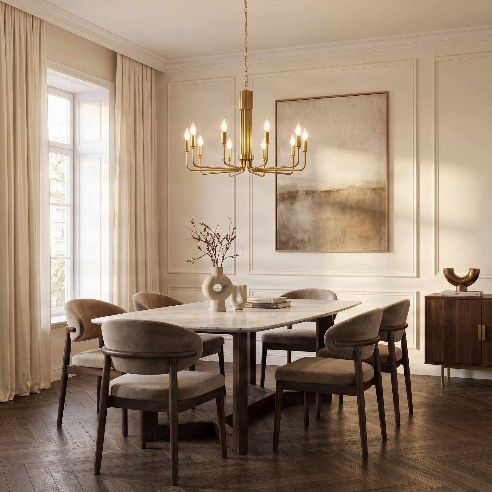 Chandelier Elanova Lindby, dimmable, Brass / gold, Living / Dining Room, metal, Antique, Ceiling Light