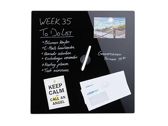Relaxdays Tableau magnétique\, panneau d’affichage\, pense-bête\, 3 aimants\, verre\, 50x50 cm\, noir