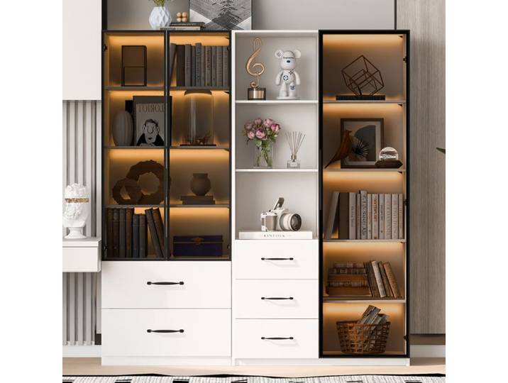 Vitrine en Verre pour Collection 140×40×160 cm Meuble Rangement Salon avec Tiroirs Bibliothèque Vitrée Vaisselier Vitrine LED Blanc