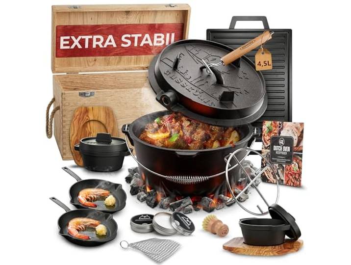 GUSSKÖNIG Dutch Oven Set 9-teilig – bereits eingebranntes Gusseisen Topf Set – Bratpfanne, Grilltopf, Deckelheber, Untersetzer & Echtleder-Griffschutz + Rezeptbuch & Pflegepaste – 30 Jahre Garantie