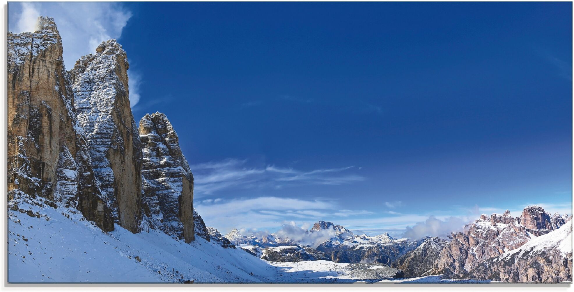 Glasbild ARTLAND "Drei Zinnen Umrundung in den Dolomiten", blau (farbe bild(er): blau), B:100cm H:50cm, Bilder, Glasbild, in verschiedenen Grössen farbe bild(er): blau B/H/T: 100cm x 50cm, Glasbild Himmel Querformat, 1 Stk.