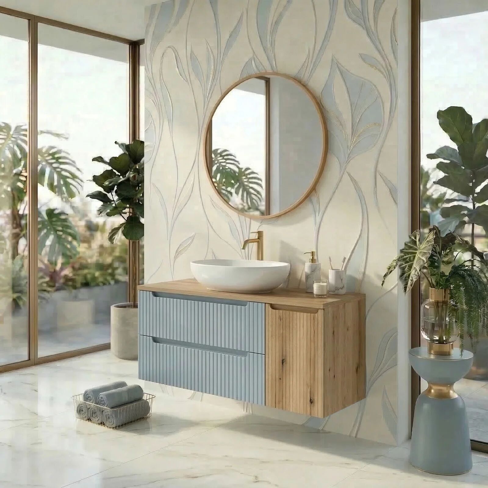 garneroarredamenti Mobile bagno sospeso 100cm cannettato con cesto portabiancheria azzurro rovere Celestiale