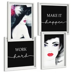 BILDER SET 4er Set - 50x50 cm & 40x60 cm Weißer Rahmen - Porträts von Frauen mit Lippen