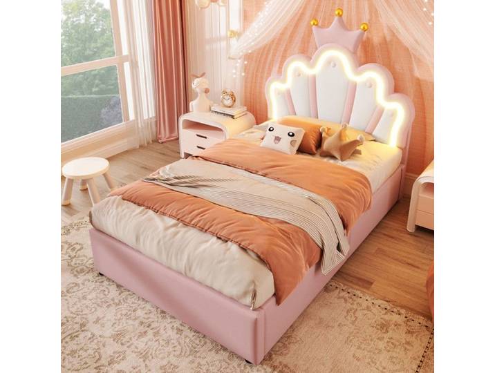 Lit enfant rembourré - MODERNLUXE - 90x200 cm - LED - tête réglable - coffre - rose