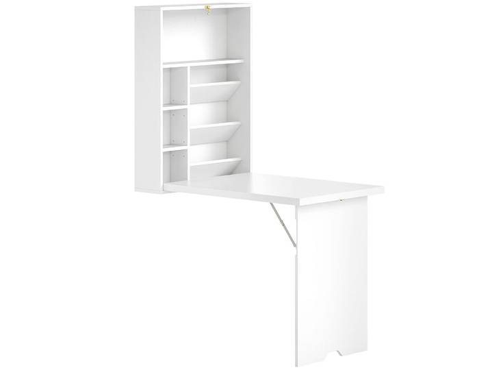 Bureau pliable mural avec étagères en panneau de particules blanc