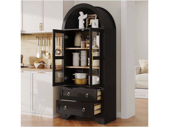 Buffet de cuisine haut noir SENVIRO - 76 x 40 x 180 cm portes vitrées 2 tiroirs