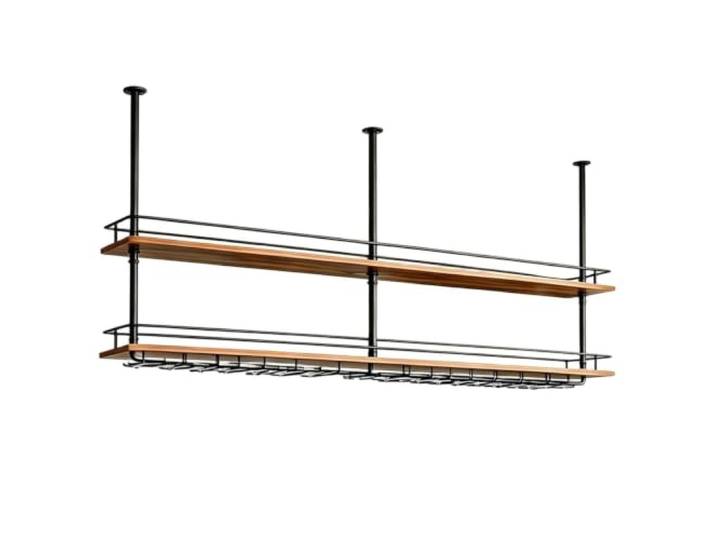 Gaommini Küchendecken-Hängeregale mit Weinregal aus Massivholzbrettern Deckenmontiertes Aufbewahrungsregal – Glashalter zur Aufbewahrung darunter, Topf- und Pfannenhalter(120x30x80cm)