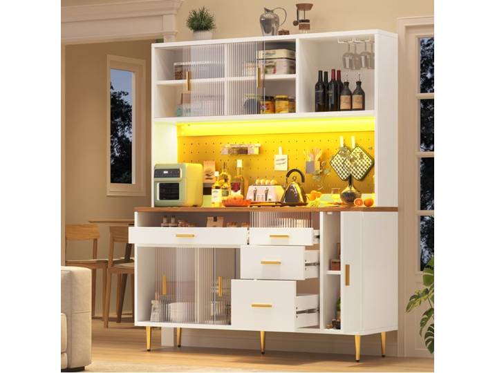 VUENOR Buffet haut 145x39x171 cm blanc – LED portes coulissantes en verre