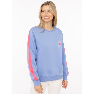 Sweatshirt ZWILLINGSHERZ "Smile Everyday", Damen, Gr. L/XL, blau (mittelblau), Sweatware, Obermaterial: 50% Baumwolle, 50% Polyester, Sweatshirts Sweatshirt, pinker Streifen am Arm, Rundhals, gesticktes Herz und Schrift