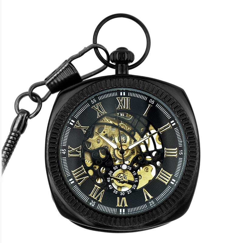 Mechanische, quadratische, offene Taschenuhr im Vintage-Stil aus Schwarzgold