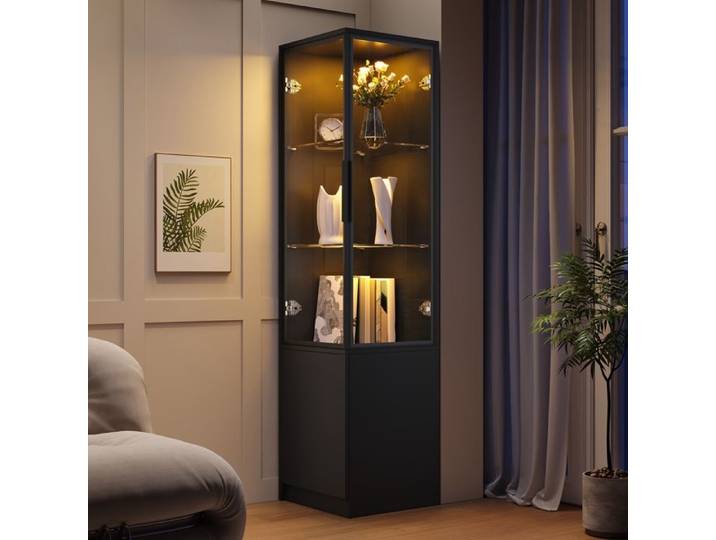 Vitrine en Verre avec éclairage LED Contrôle App Vitrine d'angle Portes en Verre Trempé avec Cadre en Aluminium Bibliothèque Noir