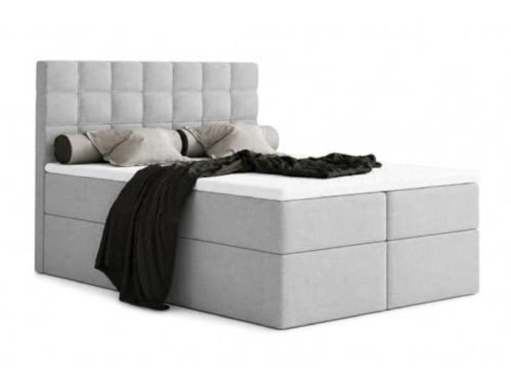 Generisch Boxspringbett MERA mit Bettkasten und Topper, Bonellfederkern Matratze H3, Doppelbett mit Stauraum, Polsterbett Schlafzimmer (Hellgrau - Aura 15, 140 x 200)