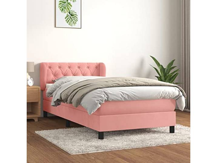 RJPLMFV Komplettes Bett, 80 x 200 cm, Rosa, Velours, mit verstellbarem Kopf Matratze mit Taschenfedern, mittlere Unterstützung, weicher Matratzenschoner, Handbuch inklusive