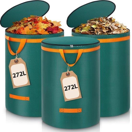 Unyqoos 3-delige set tuinafvalzakken met deksel en rits, 272 liter per zak, polypropyleen