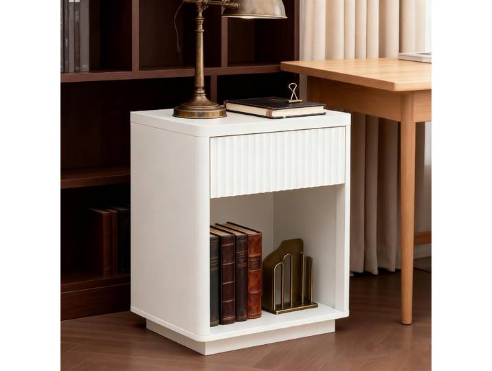 Table de chevet avec tiroir et étagère ouverte, table de chevet moderne avec design à panneaux ondulés, table d'appoint autoportante pour chambre à coucher, salon, bureau, côté canapé, coin café,