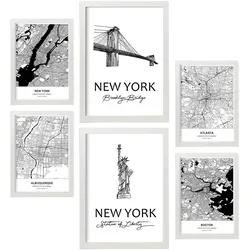 POSTER Set Mit 6 Drucke Von Usa Von Karten In Schwarz Weiß A3 & A4 Weißer Rahmen