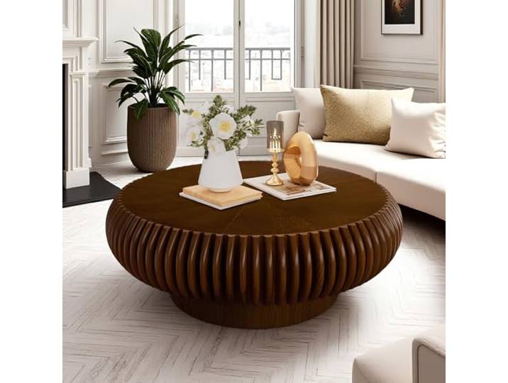WXFKLDJ Runder, Geriffelter Couchtisch (80 cm), Walnut Moderner Holz-Trommeltisch Für Das Wohnzimmer, Handgefertigter Relieftisch Mit Stabilem Sockel, Einfache Montage