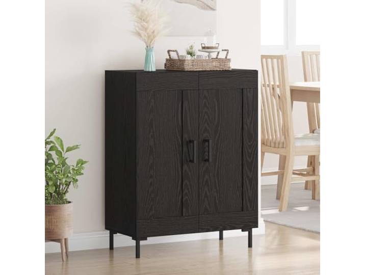 RJPLMFV Anrichte Eiche Schwarz 69,5 x 34 x 90 cm Holz Ingenieurskunst Eisen Aufbewahrung für Wohnzimmer, integrierte Regale, Scharniertüren, schwarze Griffe, pflegeleicht