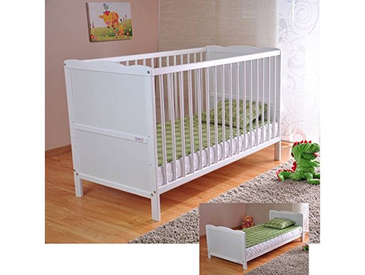 Marsell Baby Gitterbett Babybett und Kinderbett mit Aloe Vera Schaumstoffmatratze Zahnschienen und höhenverstellbar Weiß, umbaubar zum Juniorbett