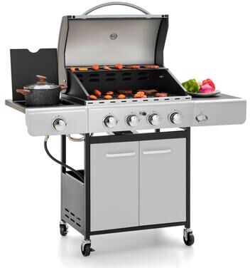 MAISON ARTS 4-Burner Propane Gas Grill with Side Burner & Porcelain Cast Iron Grates, 42,000 BTU Stainless Steel