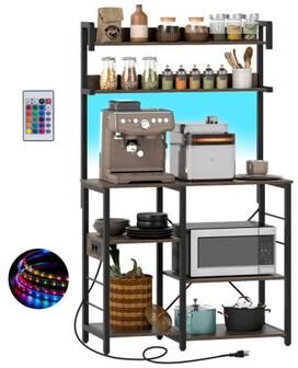 Costway Kitchen Bakers Rack with Power Outlet 5-Tier Microwave Oven Stand with LED Lights-Rustic Brown