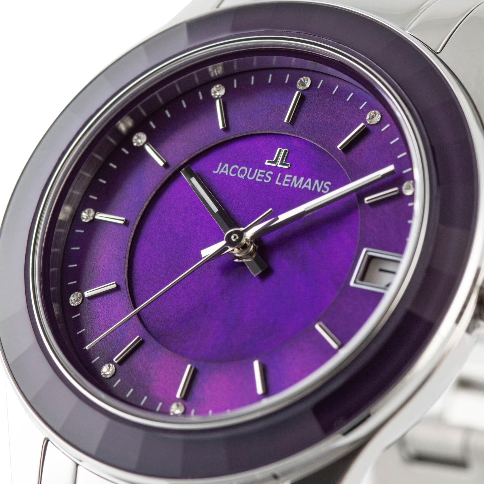 Quarzuhr JACQUES LEMANS "Venice", silber (silberfarben, lila), Armbanduhren, Damen, Quarzuhr, Armbanduhr, Damenuhr, Edelstahlarmband, Perlmutt-Zifferblatt, Datum