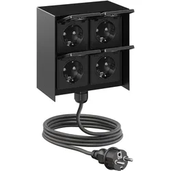 ledscom.de Außensteckdose 4-fach STEDDA und 5m Kabel, IP44, Edelstahl schwarz quadratisch, Steckdosen für Garten, Terrasse und Außenbereich