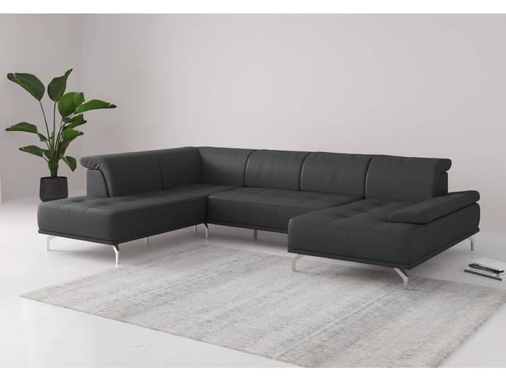 Wohnlandschaft, Naturleder, Schwarz, 334×235 cm, Sitztiefenverstellung, Modern, Places Of Style