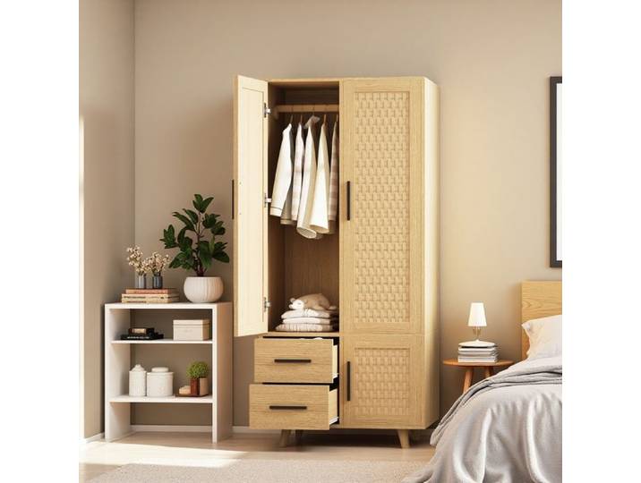 Armoire de Chambre en Rotin Tressé Simulé Penderie Compacte avec 2 Tiroirs et Portes pour Rangement Vêtements