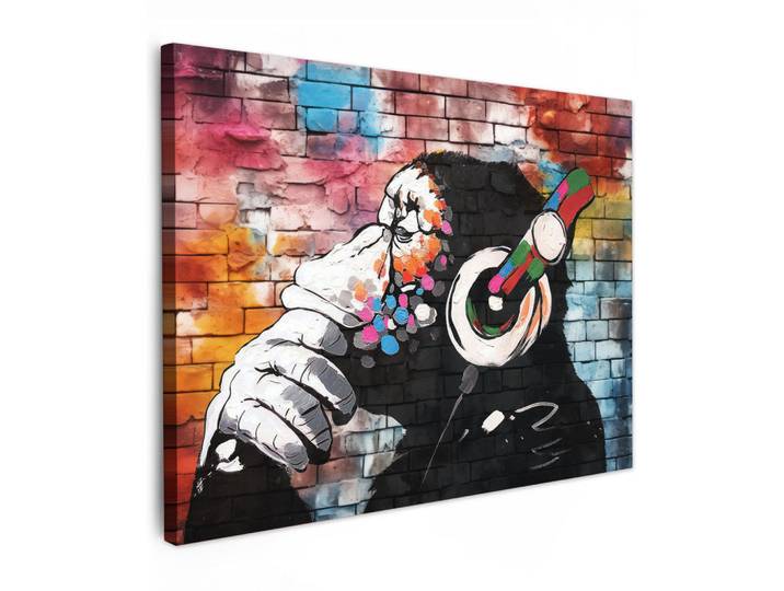 MuchoWow Leinwandbild - Affe - Graffiti - Musik - 80x60 - Malerei, Mehrfarbig, Textil, Kiefer, Abstrakt, Rechteckig, 80x60 cm, gerahmt, Bilder & Rahmen, Bilder, Wandbilder