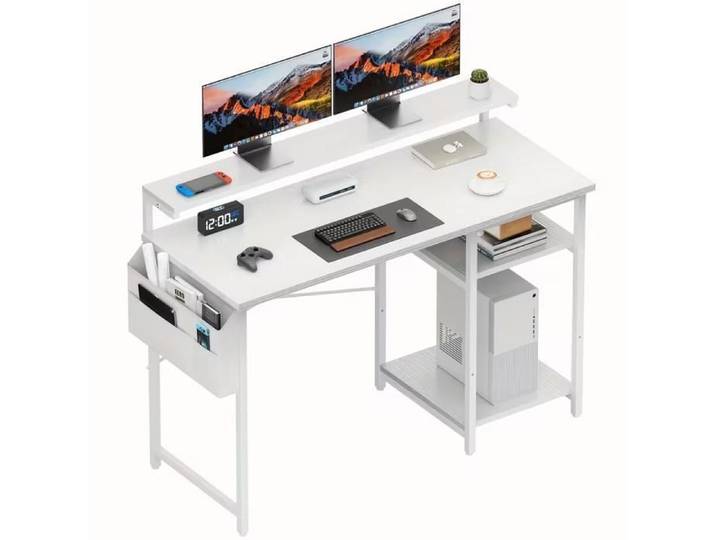 Bureau avec Rangement 100 x 48 cm Petit Bureau d'Ordinateur avec Support de Moniteur avec Sac de Rangement Blanc