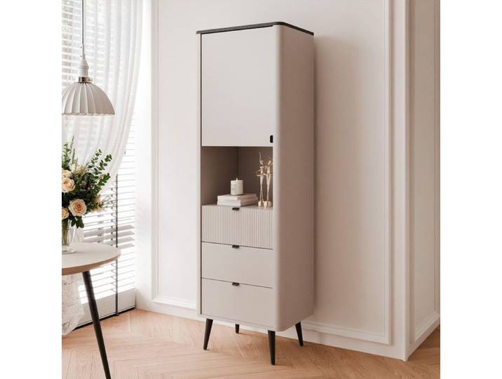 Bibliothèque NAVANI - Meuble rangement avec porte et 3 tiroirs - 60x40x191 cm - Cachemire/Gris