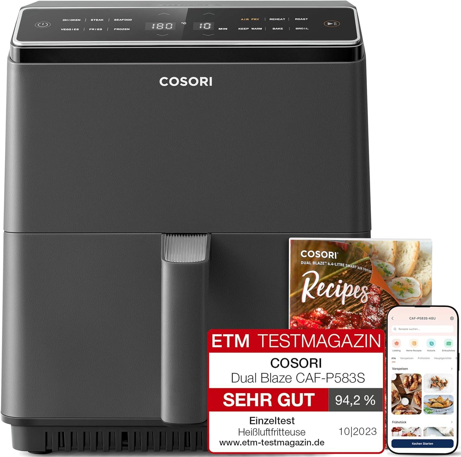 Cosori Heißluftfritteuse XXL, Dual Blaze, 6,4 L,Wifi verbunden,12 Funktionen,Full Touch Screen, 1700,00 W, 12 Programme,LED Display,Touchscreen