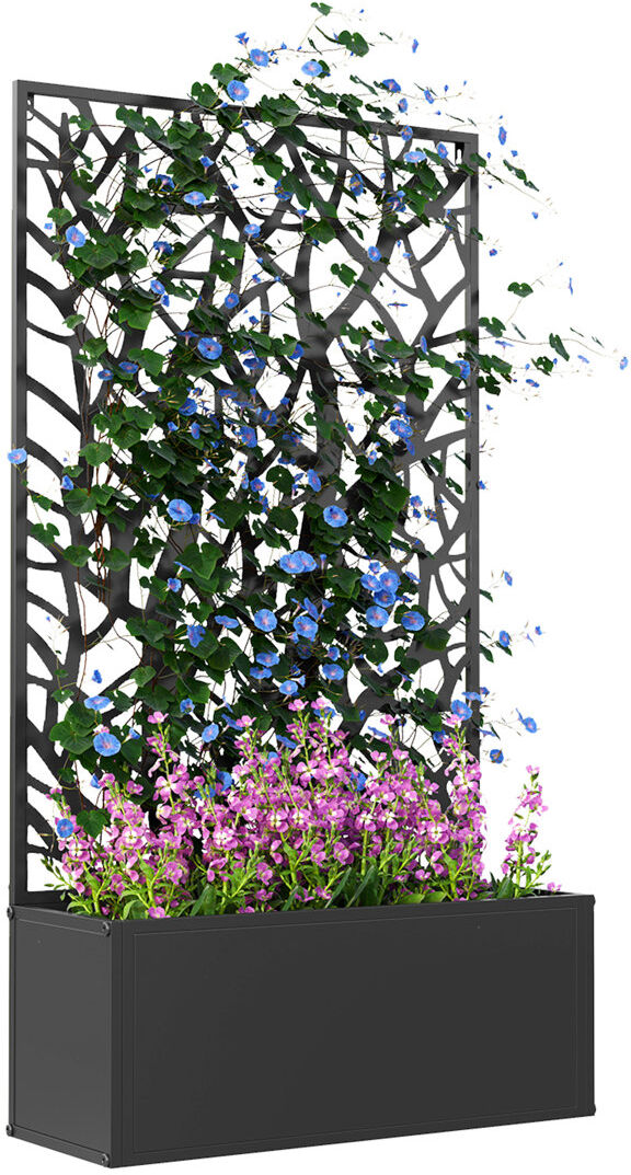 Borough Wharf Outsunny Metal Garden Bed with Trellis, Two Big Trees Cut-out Black 113cm H X 61cm W X 23cm D
