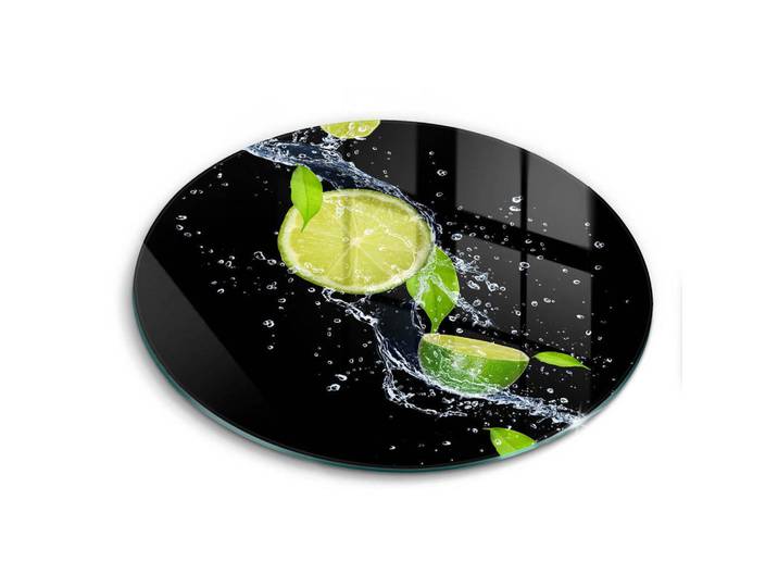 Wallfluent Glasplatte Ø 40 cm Saftige Limette im Wasser, Titanfarben, Glas, Rund, 40x40 cm, Küchenzubehör, Schneidebretter