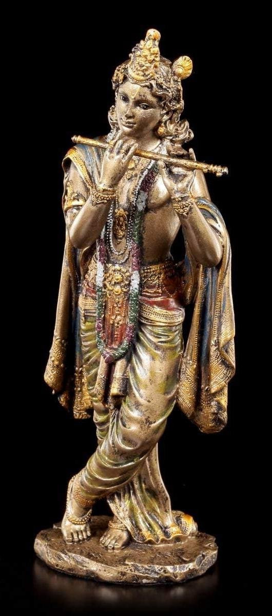 Handgeschilderd Krishna beeld - Hindoeïstische God decoratie - Bronskleurig - Hoogte: 26 cm