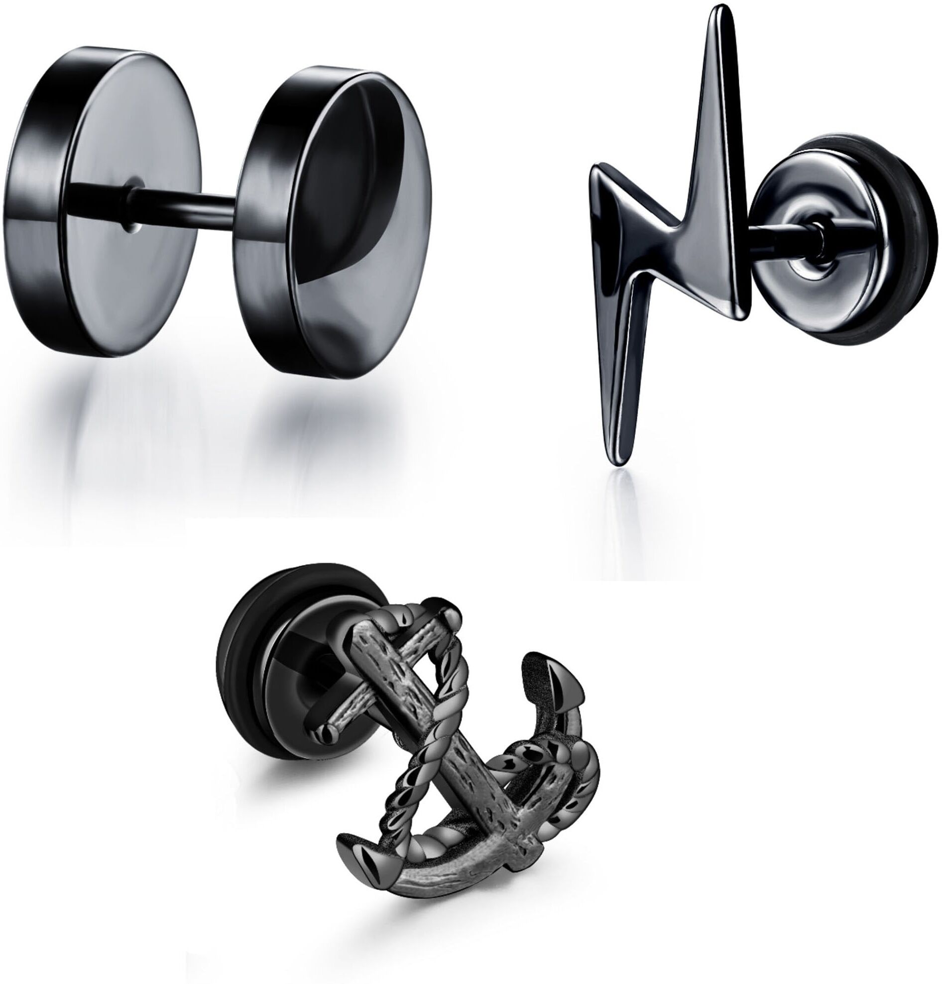 Ohrstecker-Set FIRETTI "Multipack Schmuck Geschenk "Fake Plug" Kreis Anker Blitz", schwarz, Ohrringe, Damen, Edelstahl Kautschuk, Edelstahl, Kautschuk, Ohrstecker-Set schwarz Edelstahl Kautschuk