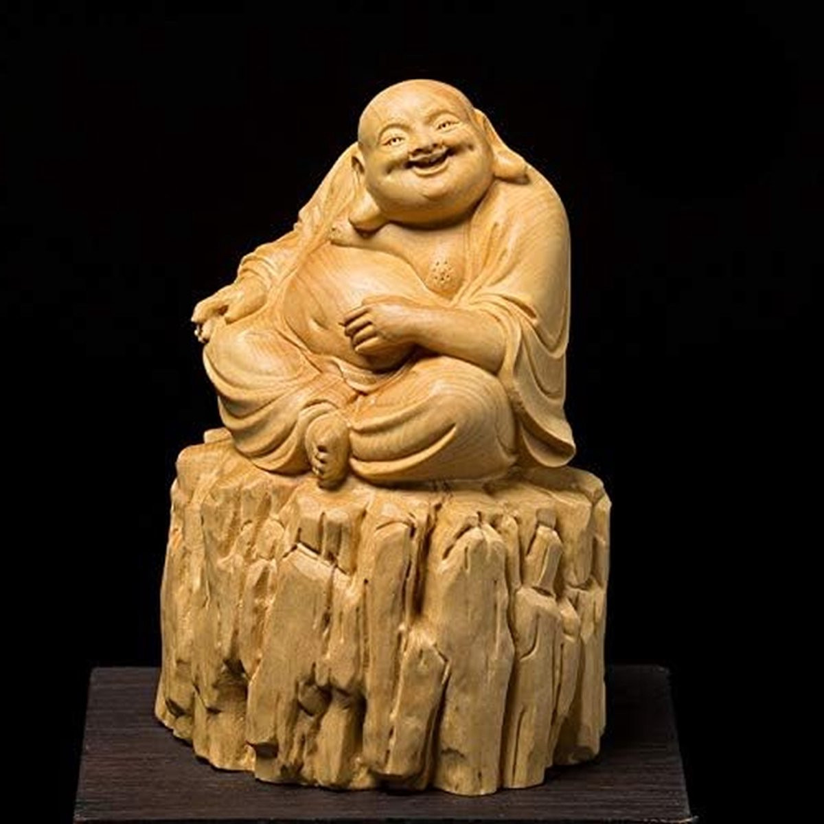 Houten Maitreya Lachbeeld voor Zen Tuin Decoratie en Meditatie, Houtkleur, 10 cm